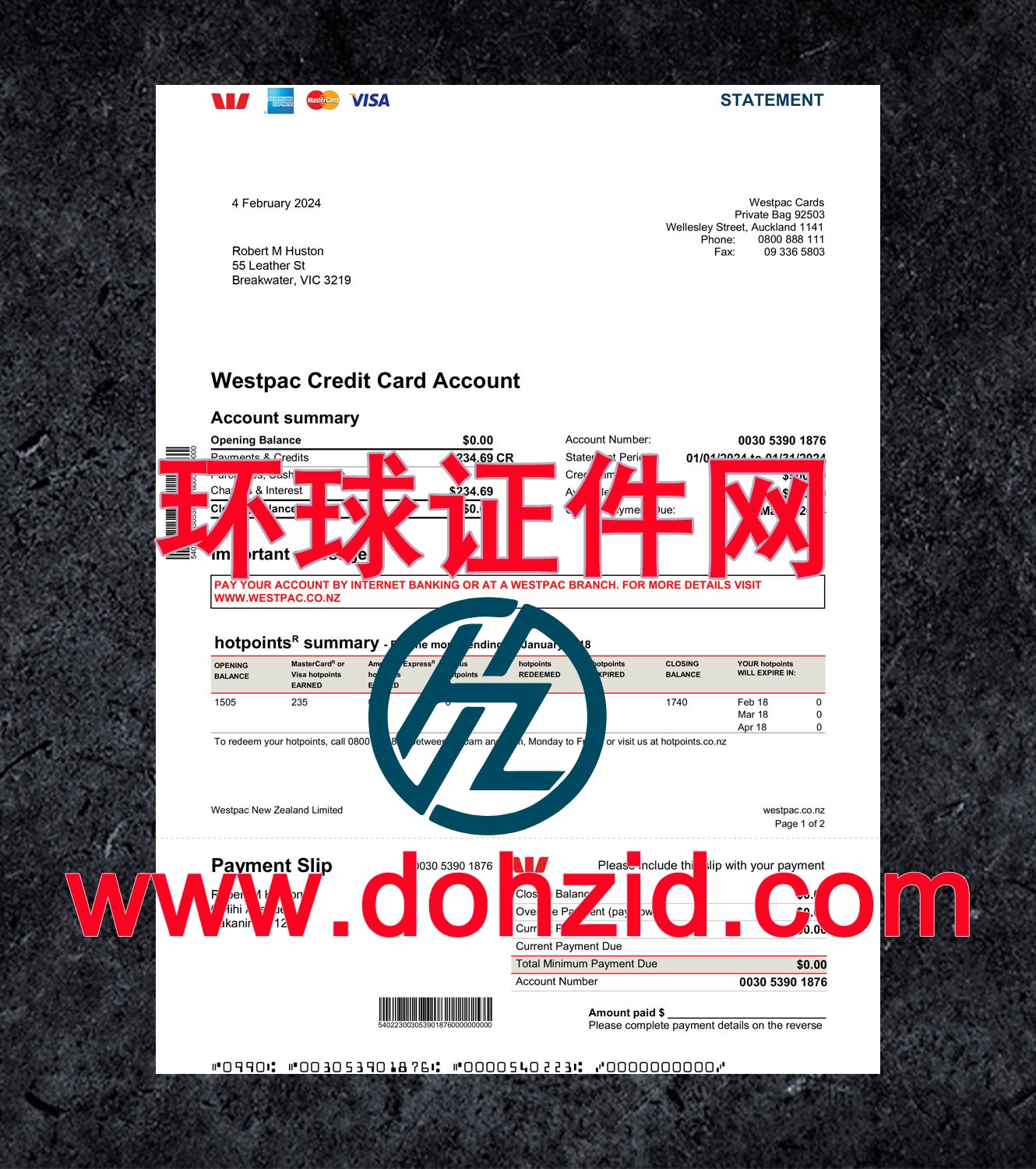 新西兰西太平洋银行信用卡账单 新西兰西太平洋银行信用卡账单